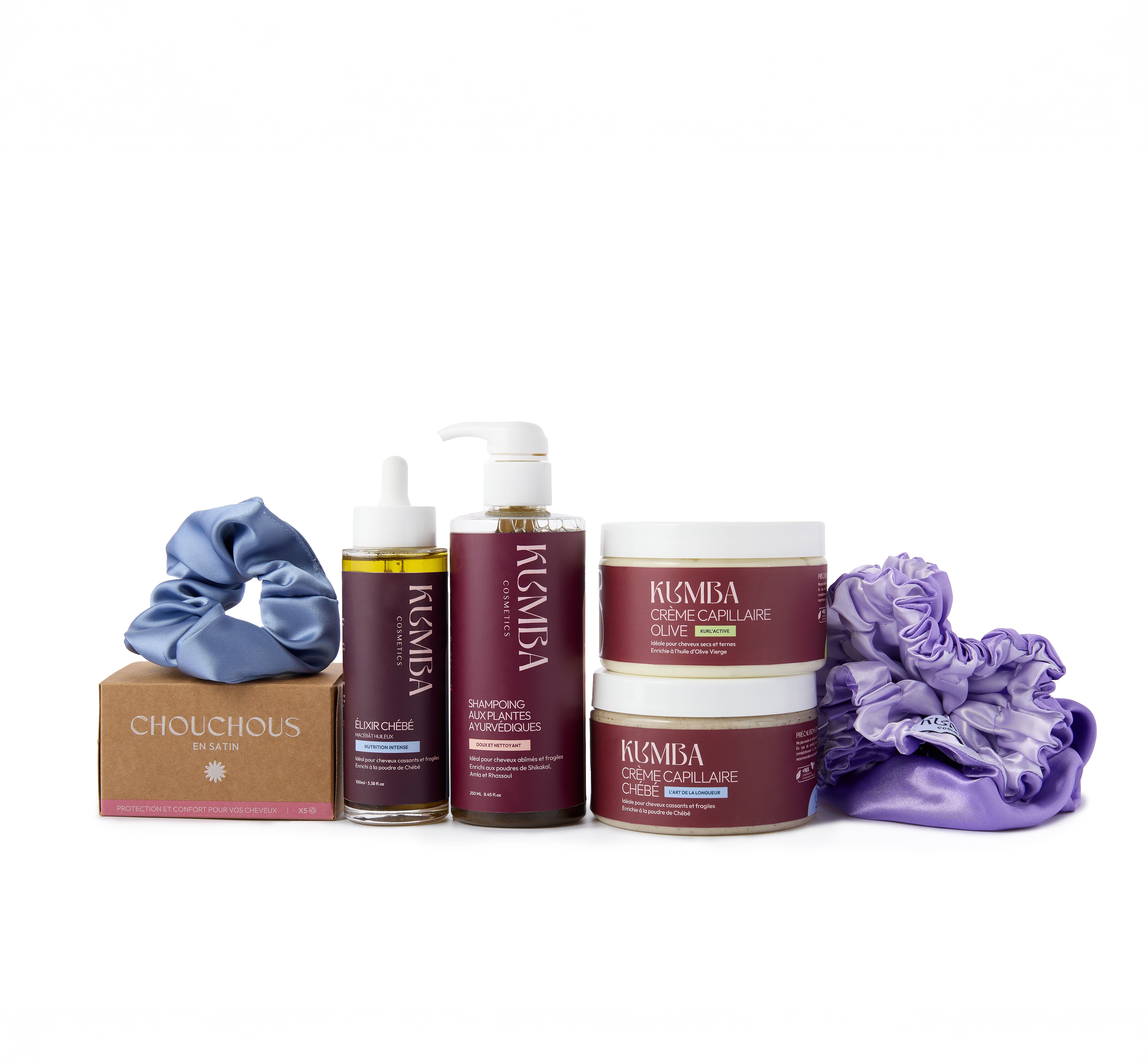 coffret soin capillaire Kumba Cosmetics, le coffret essentiel chébé ou hibiscus pour cheveux texturés : crépus, frisés, bouclés, ondulés