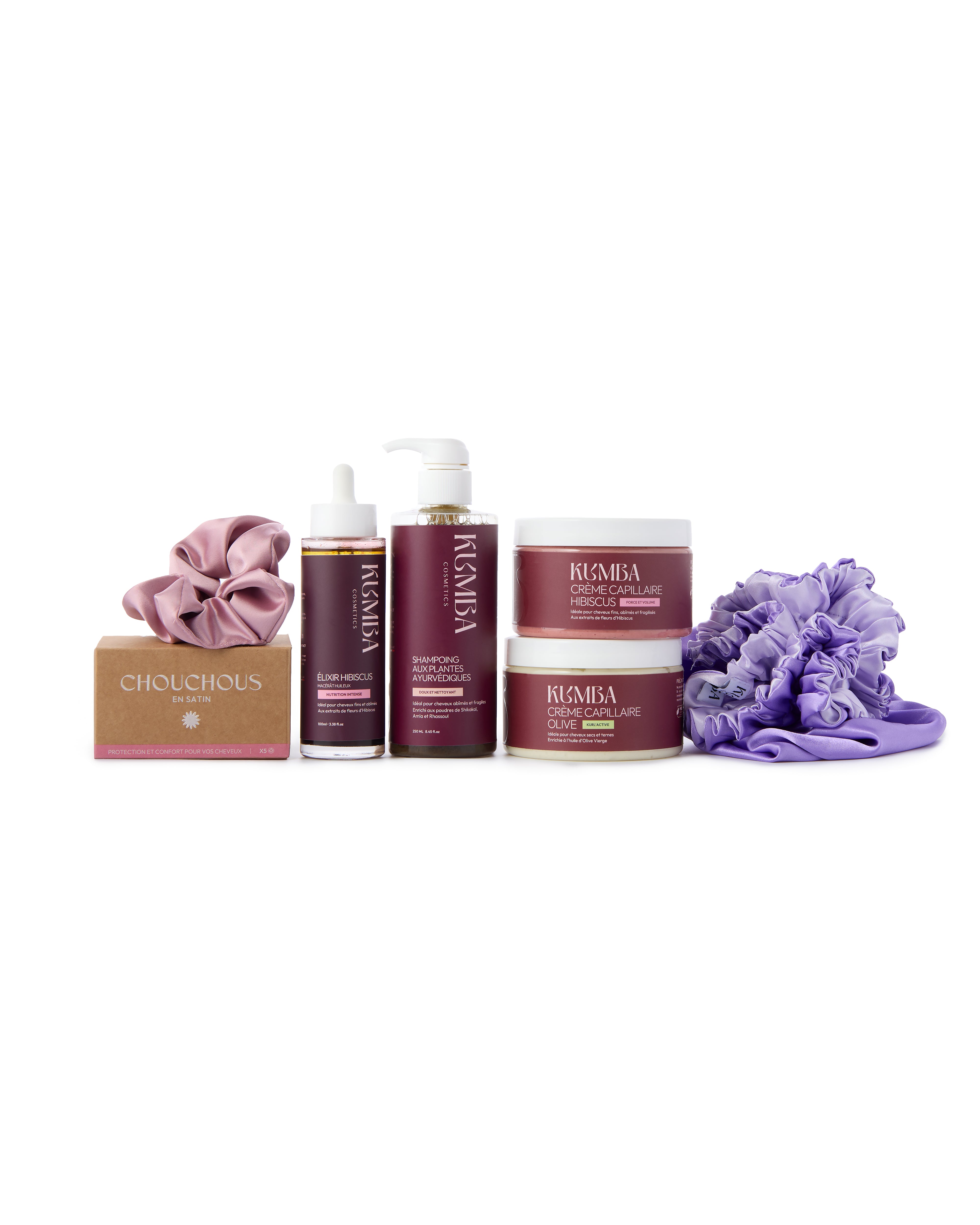 coffret soin capillaire Kumba Cosmetics, le coffret essentiel chébé ou hibiscus pour cheveux texturés : crépus, frisés, bouclés, ondulés