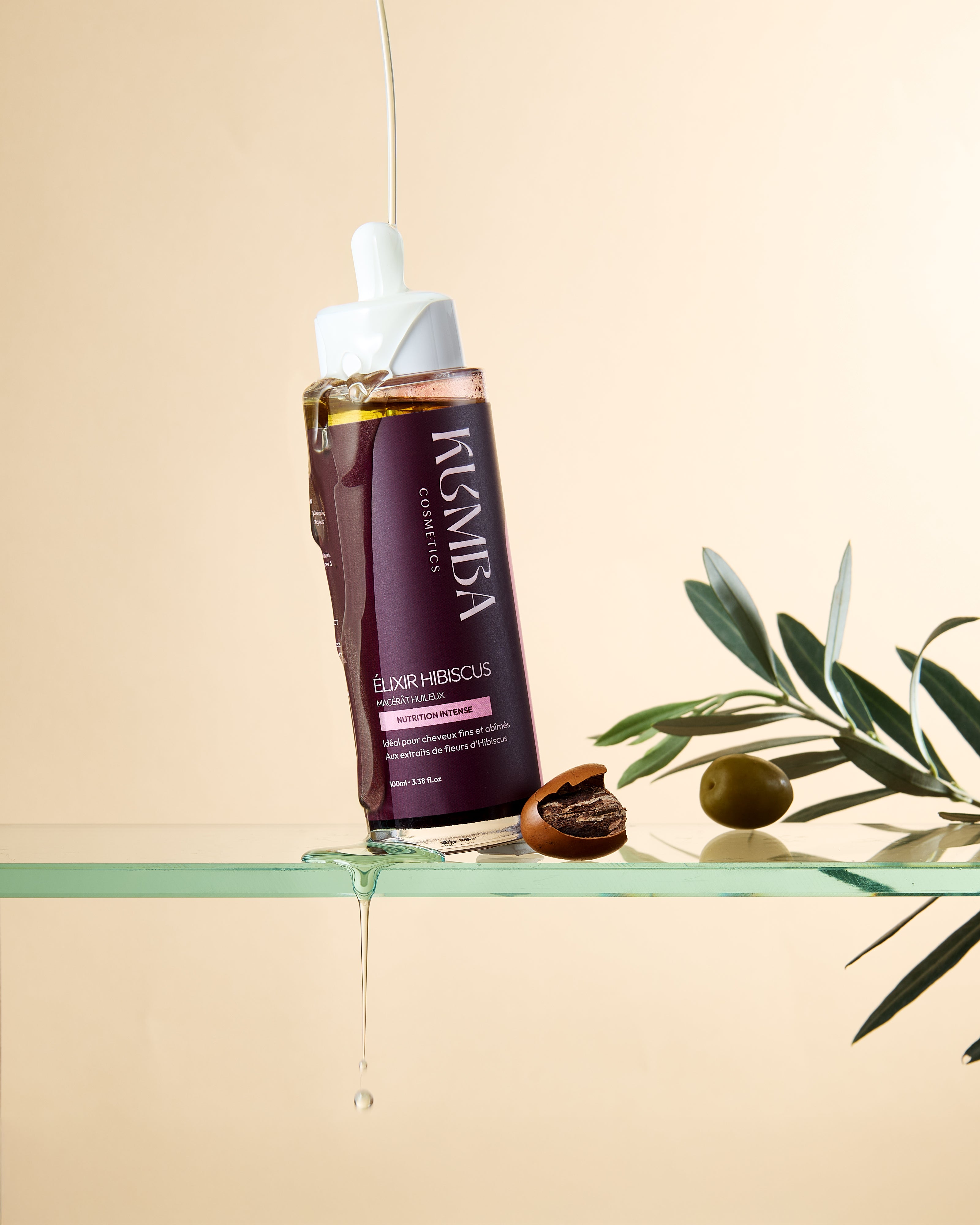 huile hibiscus Kumba Cosmetics, macérât huileux, élixir force et volume pour cheveux fins et fragilisés : crépus, frisés, bouclés, ondulés