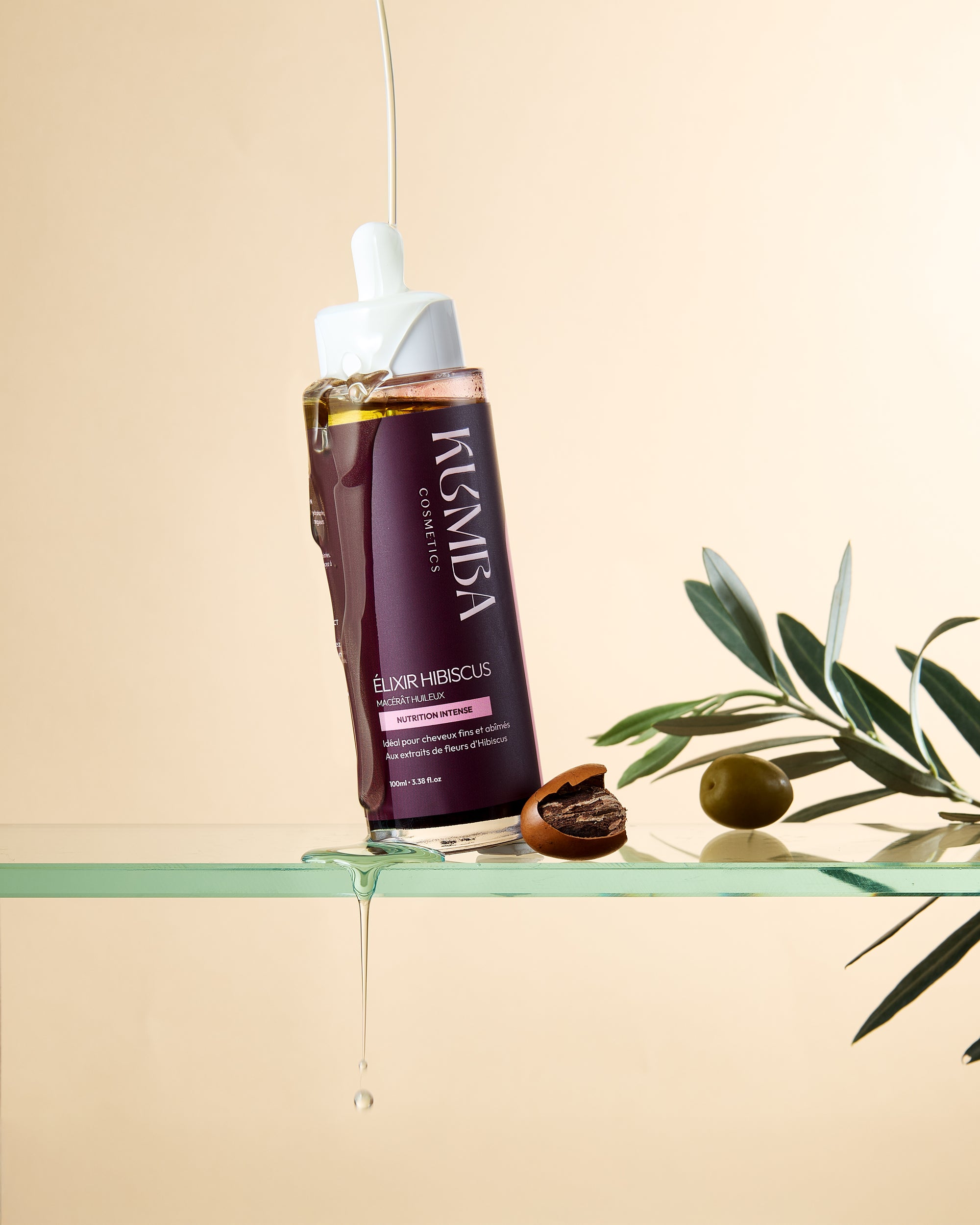 huile hibiscus Kumba Cosmetics, macérât huileux, élixir force et volume pour cheveux fins et fragilisés : crépus, frisés, bouclés, ondulés
