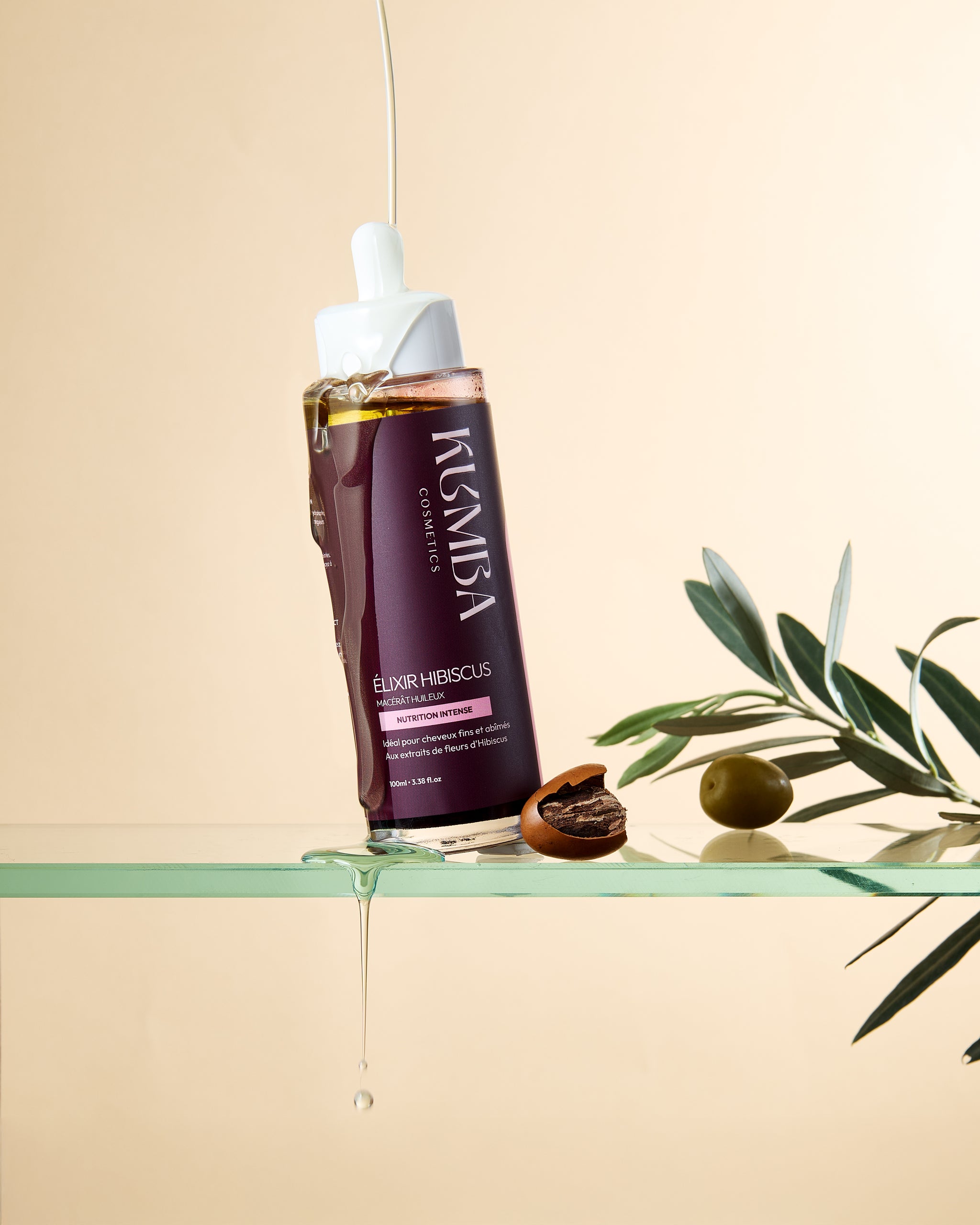 huile hibiscus Kumba Cosmetics, macérât huileux, élixir force et volume pour cheveux fins et fragilisés : crépus, frisés, bouclés, ondulés